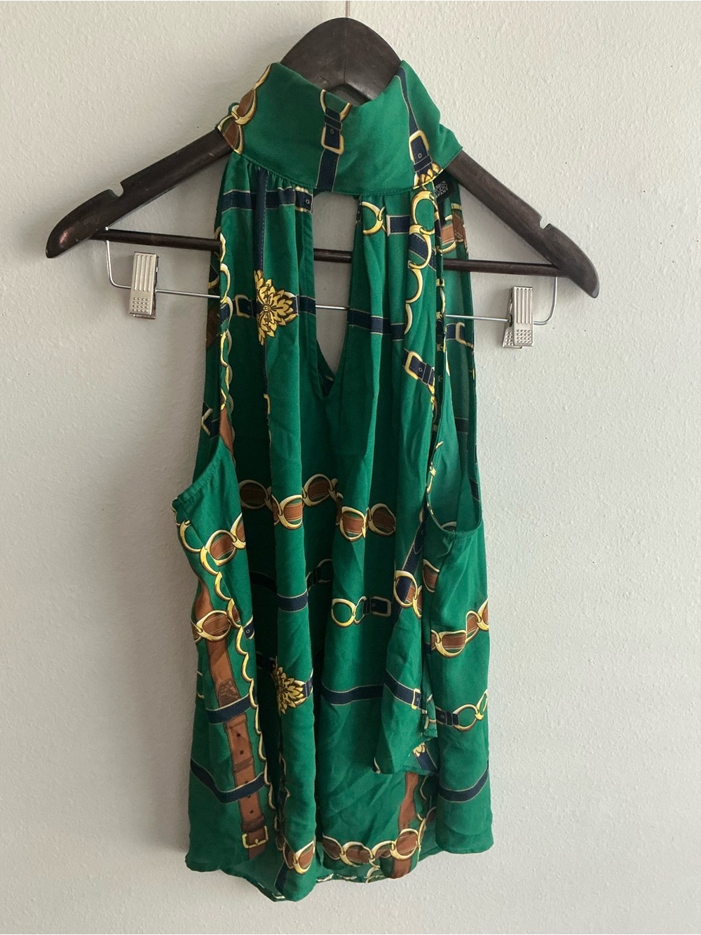 Avenue Green Halter-Style Blouse with Gold Chain and Brown Belt Print